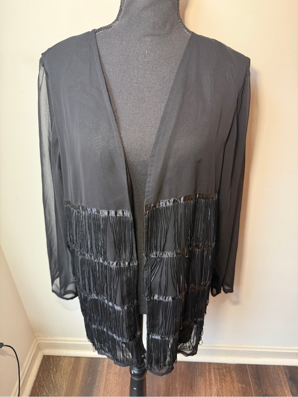 Original Anthony Black Sheer Fringe Open Front Cardigan Jacket Women’s L